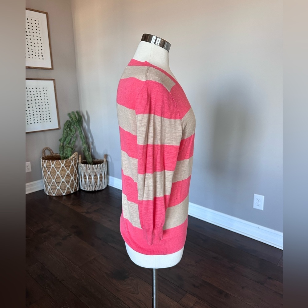 J. Crew Factory Cotton Teddy Crewneck Light 3/4 Sleeve Sweater Coral/Tan Med EUC - Picture 2 of 9